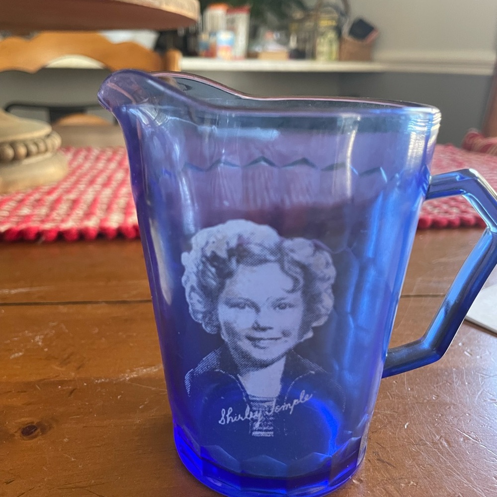 Cobalt blue glassware with Shirley Temple